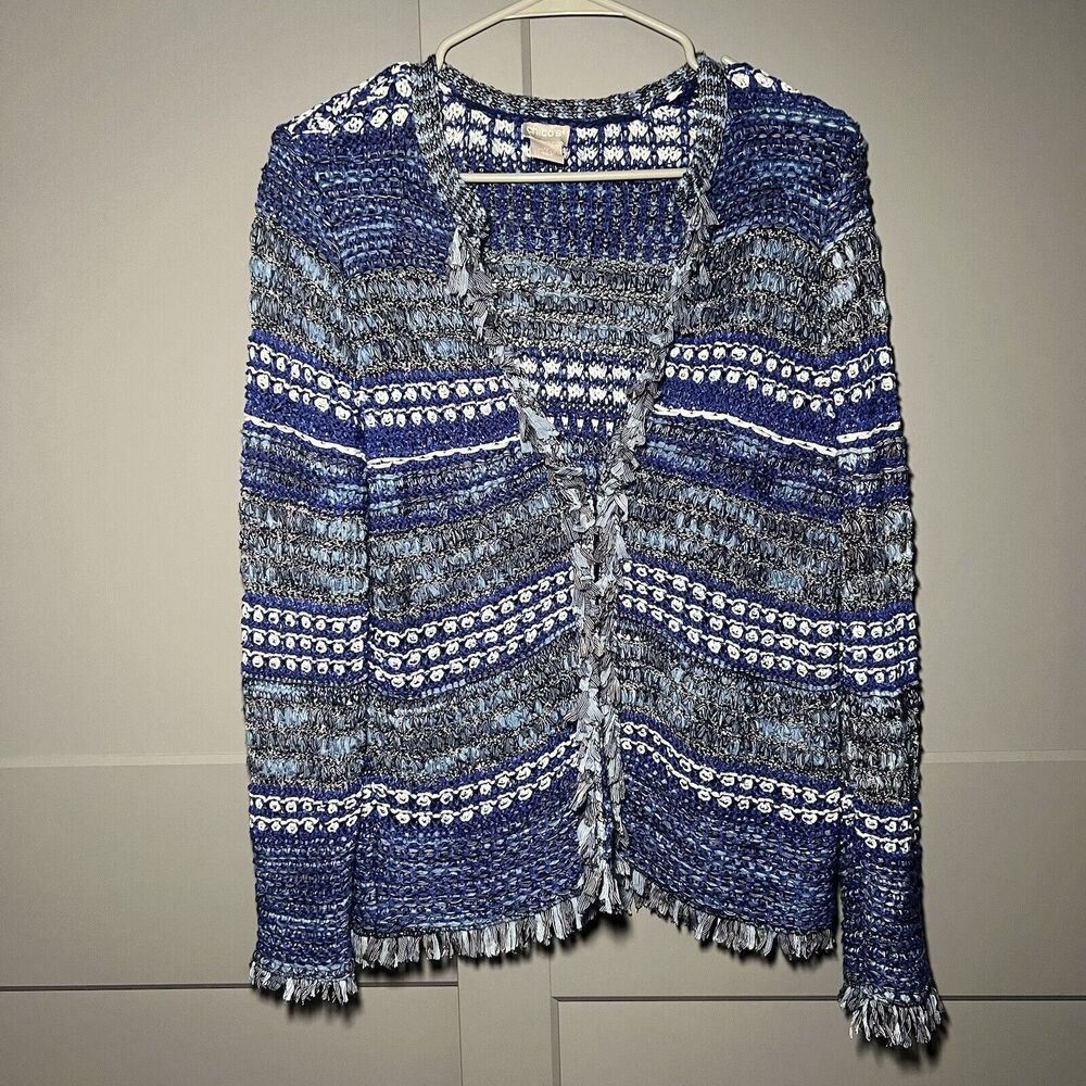 Chico's Structured Fringe Knit Sweater Cardigan Art to Wear Boho Blue 0 (US S)